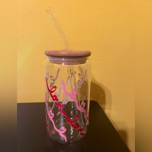 Love Ribbon 16 oz Glass Libby Cup w/ Glass Bent Straw